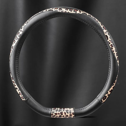 Road Comforts D-Type Steering Wheel Cover - Made with PVC Leather and Leopard Fabric - Universal Fit for 15-Inch D-Shaped Automotive Steering Wheels (Black Color)