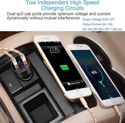 Car Charger, USMEI Quick Charge 3.0 Dual USB Charger Adapter with Voltmeter, Compatible with iPhone 15/14/13, Samsung S24/S23/S22/Note 20/10 and More