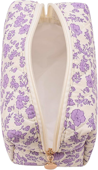 Gleyemor Small Quilted Makeup Bag for Women, Cute Floral Bow Cosmetic Bag, Emergency Bag Travel Toiletry Cotton Pouch Gifts for Girls Her Mom Friend Sister Bridesmaid (Purple Floral)
