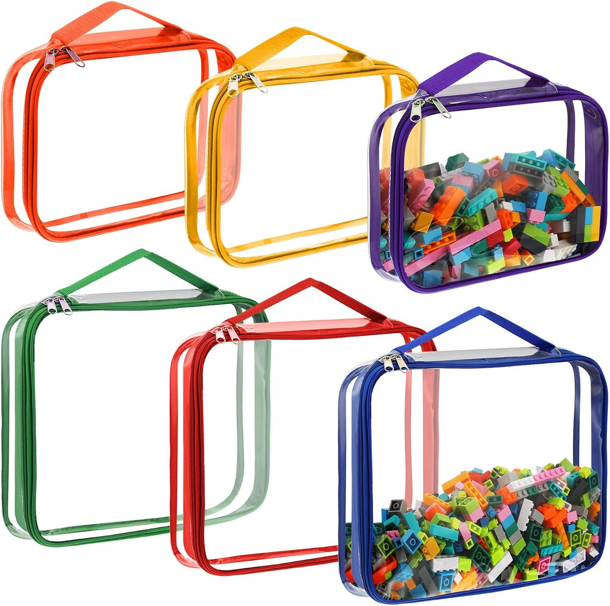 Sanwuta 6 Packs Toy Storage Bags, PVC Organizing Case Bags with Zipper, Waterproof Toy Container for Board Games, Building Blocks, Puzzles, Small Toys and Kids Books(Large, Small,Bright Color)