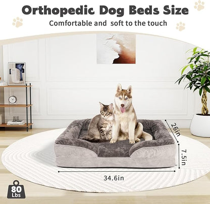 Dog Bed Waterproof Medium/Large Sized XL Foam Pet Beds Removable Washable Cover Dog Sofa Egg Crate Foam Support with Zipper Bottom Bolster Deluxe Plush Mat (34.6x26x7.5in+Grey)