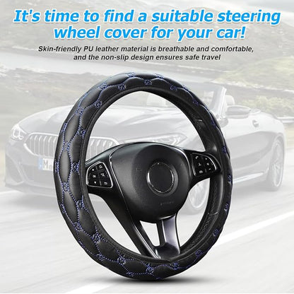 Car Steering Wheel Cover, PU Leather Non-Slip Lantern Pattern Vehicle Steering Wheel Cover Protection, Breathable Automotive Interior Protecter Accessories, Universal Fit (Black/Blue)