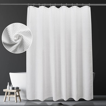 AmazerBath White Shower Curtain Fabric, Waffle Shower Curtain Polyester, Luxury Cloth Shower Curtains for Bathroom, Hotel Quality, Machine Washable, Heavy Duty, 72 x 72 Inches (Matte White)