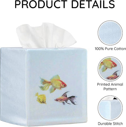 EmbroideryLinen.VN Tissue Box Cover Set of 2, Square Cotton Tissue Holder, Printed Animal Pattern, 4.5x4.5x5.5 Inches, Decorative Holder for Bathroom, Living Room, Office (Fish)