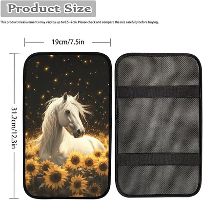 Neoprene Car Center Console Pad Horse Sunflower Print Armrest Cushion Cover Dust-Proof Armrest Seat Box Cover for Most Vehicles Decorative Car Accessories for Women Men