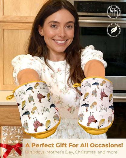 Slohif Chicken Mini Oven Mitts Set – Yellow Animal Extended Short Heat Resistant Kitchen Gloves for Women, 100% Cotton Oven Mitts with Silicone Grips, Non-Slip and Thick Durable for Cooking & Baking