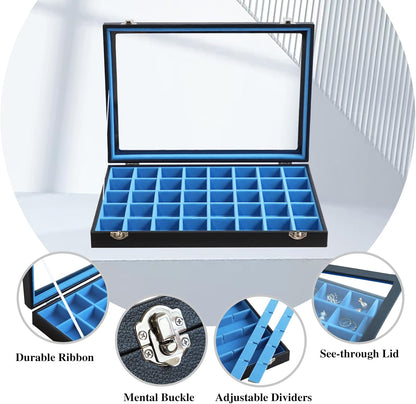 Stratalife Jewelry Organizer 40 Grid Blue Black Jewelry Tray with Clear Dust-proof Lid Velvet Earring Organizer Necklace Rings Holder Display Drawer Storage Case for Women