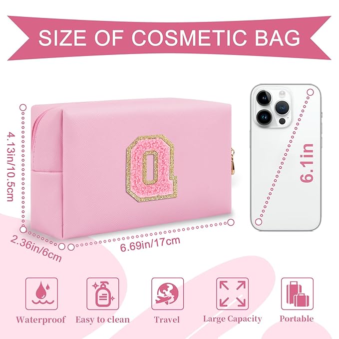 Personalized Initial A-Z Preppy Patch Makeup Bag,Small PU Leather Chenille Letter Cosmetic Bag with Zipper for Teen Girls,Pink Cute Travel Toiletry Bag,Birthday Monogrammed Gift for Daughter,Letter Q