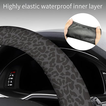 Steering Wheel Covers for Car, Truck, and SUV, Cute Non-Slip Breathable Elastic Steering Wheel, Car Accessories, Universal 15 Inch Leather Cover for Men Women Black Leopard