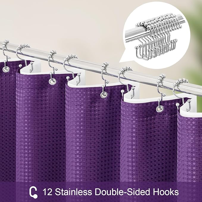 Craidlela 3 in 1 Extra Long Purple Shower Curtain Set-72 W x 84 H, Modern Waffle and PEVA Liner Set with 12 Stainless Steel Hooks, Waterproof Fabric for Bathroom