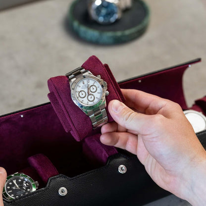 DailyWatch | Watch Roll Travel Case For 4 Watch | Luxury Watch Case In Genuine Black Leather With Soft Velvet Interior | Watch Case Protect, Store, & Display Your Watches | Black Cherry
