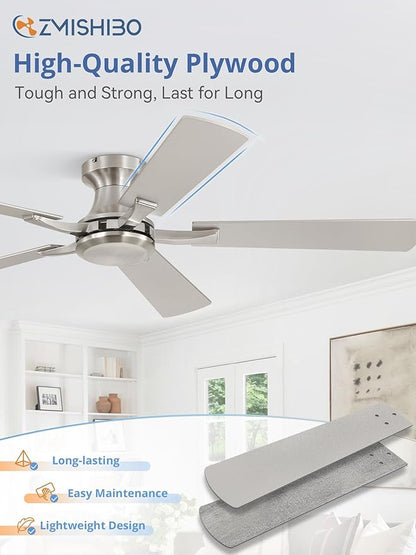 ZMISHIBO 52 Inch Ceiling Fan No Light, Flush Mount Low Profile, Modern Nickel