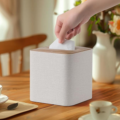 Cretkhp Square Linen Tissue Box Cover with Magnetic Closure, Modern PU Leather Tissue Box Holder for Bathroom Vanity Countertop Night Stands Bedroom Office Desk, Stylish Cube Tissue Holder (Linen)