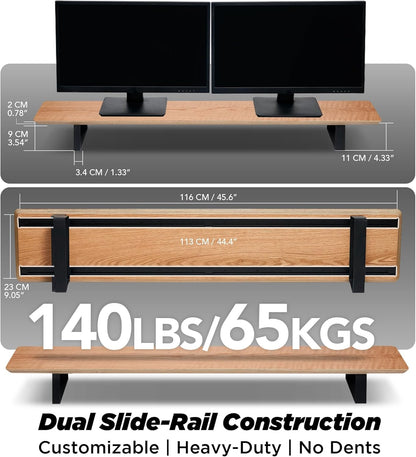 Moodular Wooden Monitor Stand 45.6” (116cm) Large Desk Organizer with Metal Slide Rails for Drawer, Tray, Laptop, Tablet, Phone & Headphones Customizable Riser for Organized Workspace Oak