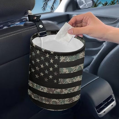 Black American Flag Car Trash Bag, Car Trash Can - Cute, Portable, Collapsible for Back Seat, Floor, or Hanging Headrest Waste Basket - Car Garbage Accessory