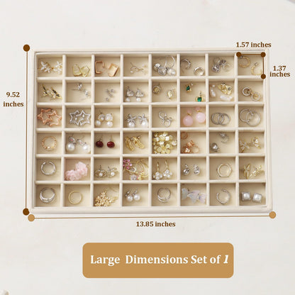 Large Jewelry Organizer for Drawer Insert Velvet Stackable Jewelry Trays for Earring Necklace Bracelet Ring Display (Beige, 48 Grids)