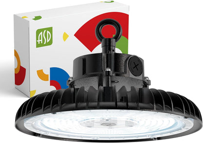 ASD LED High Bay UFO Light Fixture, Commercial Shop Lighting | Dimmable, IP69K Waterproof, DLC Premium, UL Listed | 150W 23000LM 5000K 100-277V | Warehouse, Garage, Workshop, Barn Lamp | Black