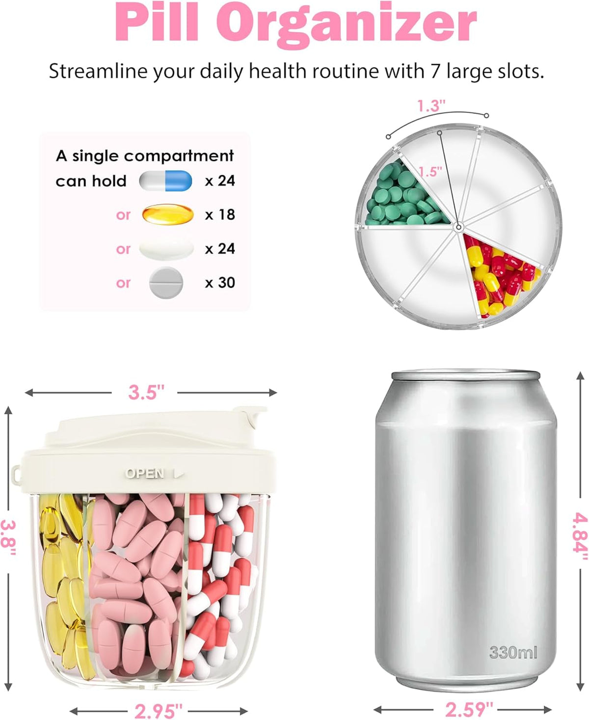 Cute Pill Organizer,Pill Dispenser with 7 Large Compartments,Portable Pill Bottle Box with Wide Opening for Easy Use, Anti-Mix Pills Organizer for Travel,Includes 20 Pcs Sticky Labels(White)