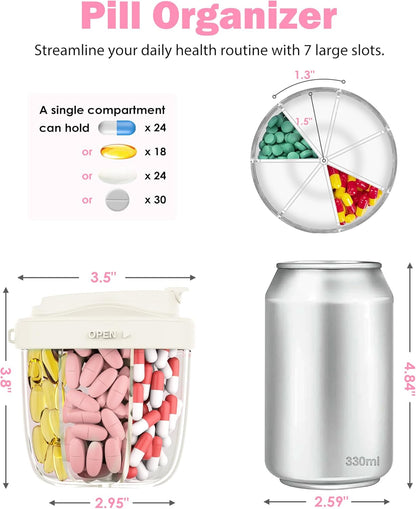 Cute Pill Organizer,Pill Dispenser with 7 Large Compartments,Portable Pill Bottle Box with Wide Opening for Easy Use, Anti-Mix Pills Organizer for Travel,Includes 20 Pcs Sticky Labels(White)
