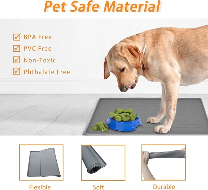 24" x 16" Dog Food Mat, Silicone Pet Mats for Food and Water, Nonslip Pet Feeding Mats for Floors, Dog Cat Bowl Mat with Raised Edges, Lake Blue
