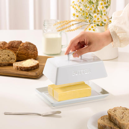 Kook Ceramic Extra Large Butter Dish with Lid, Holds 2 Sticks, Fits East Coast , West Coast, European style and Kerrygold butter, Kitchen Countertop Butter Keeper, Serving Tray with Cover, White
