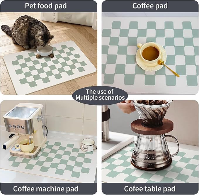 Large Dish Drying Mats for Kitchen Counter 24''x16'' Black Sage Beige Checkered Non-slip Coffee Espresso Accessories,Sage Checkered