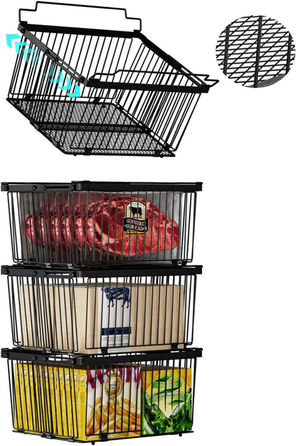Large Freezer Organizer Bins，Upgraded Bottom Leak-Proof net，Fit 5 to 9 Cu Ft Chest Freezer，4 Pack， Expandable Stackable Chest Freezer Containers with Handle (Black--4Pack)
