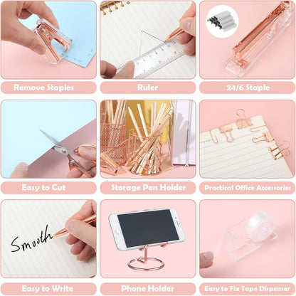 Rose Gold Office Supplies and Accessories, Rose Gold Mesh Desk Organizers with Tape Holder, Tape, Stapler, Staple Remover, 1000pcs Staples, Pen, Pen Holder, Ruler, Phone Holder, Clips, Scissor