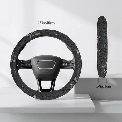 Cute Steering Wheel Cover for Women, Machine Washable Universal 14.5-15.5 inch Non-Slip Grip All Weather Use (Gray Leopard Stars)