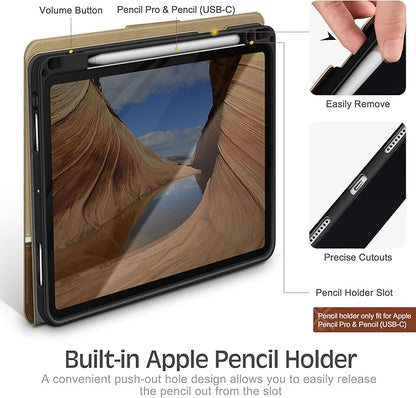 KingBlanc Case for iPad Pro 11 inch (M5 2025/M4 2024) with Pencil Holder, Vegan Leather Smart Stand Cover, Auto Sleep Wake, Support Pencil Pro/(USB-C), Viewing/Typing Angle, Durable Protection, Beige