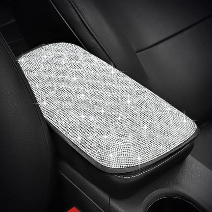 SAVORI Bling Car Armrest Cover Diamond Rhinestone Auto Center Console Cover Protector Arm Rest Cushion Pads Universal Bling Car Accessories for Women Girl Cute Vehicle Interior Decor (White)
