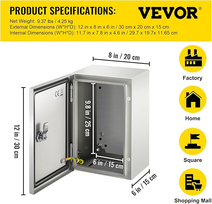 VEVOR NEMA Steel Enclosure 12×8×6, NEMA 4X Steel Electrical Box, IP66