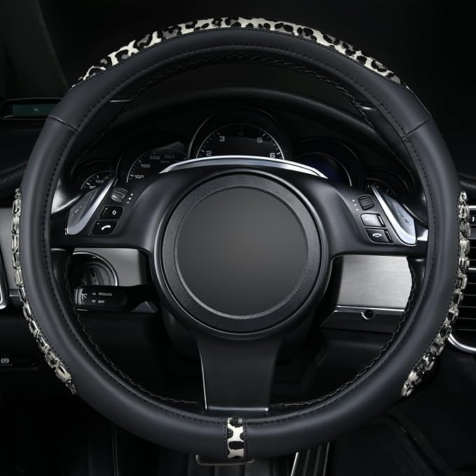 Flying Banner car Steering Wheel Cover Gel Massage Velvet Cool Warm Universal Size 15 inches SUV Truck Anti Slip Odorless Summer Winter (Black Gray Leopard Print, Gel Massage)