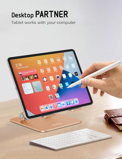 Tablet Stand Holder for Desk Adjustable Tablet Holder, Foldable Aluminum Desktop Tablet Holder for iPad Samsung Galaxy Tabs Amazon Kindle Fire,All Tablets 4-12 inch, Gold