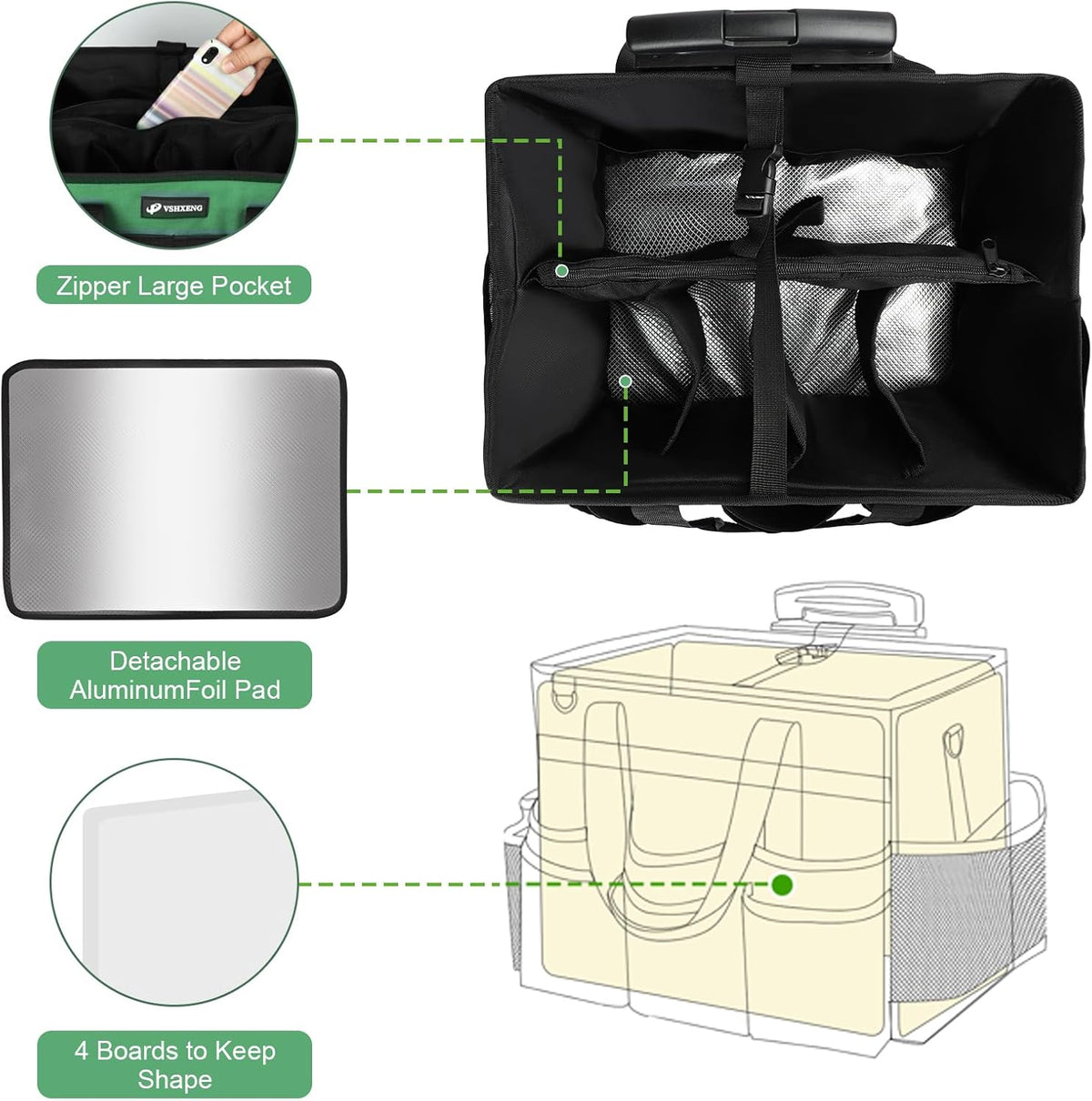 Large Rolling Cleaning Caddy Bag with Wheels, Cleaning Bag with Detachable Trolley, Cleaning Bags on Wheels for Housekeepers, Cleaning Cart Supplies Organizer for Home, Car, Picnic (Green)