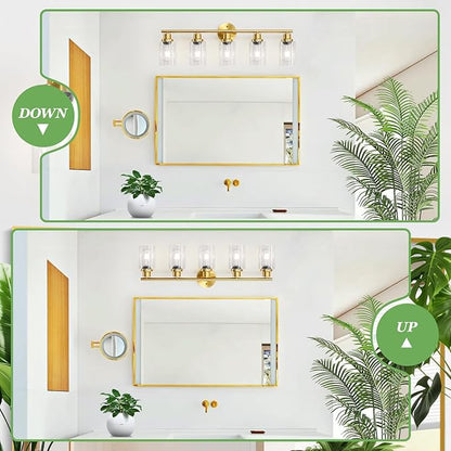Guliaofo 5-Light Bathroom Vanity Lights, E26 Modern Brushed Gold Bathroom Light