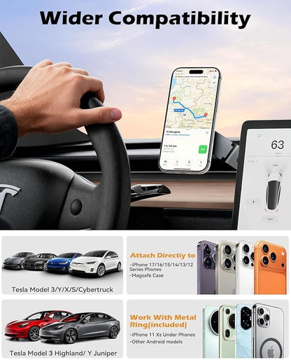 CloudValley Tesla Model 3/Y Phone Mount, Magnetic Car Metal Holder with Strong Magnet Power,【Foldable & Extendable Hidden Design】Tesla Screen Stand for 3/Y/S/X/Cybertruck, Designed for MagSafe iPhone