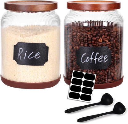 SAIOOL 2-Pack Striped Borosilicate Glass Airtight Canisters - Big mouth Large Capacity, Acacia Wood Lid, Food Storage Jars for Flour, Pasta, Pantry Organization (3/4 Gallon （2 Striped pack）)