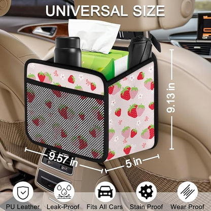 Cute Strawberry Print Car Organizer for Kids, Backseat Headrest Storage Bag, Adorable Cartoon Fruit Pattern, Foldable Waterproof PU Leather Organizer, Perfect for Mom and Baby
