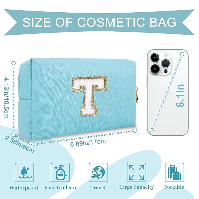 Small Personalized Initial A-Z Preppy Patch Makeup Bag,PU Chenille Letter Travel Cosmetic Pouch with Zipper,Blue Cute Toiletry Bag,Gift Ideal for Teen Girls Women Teacher Bridesmaid,Letter T
