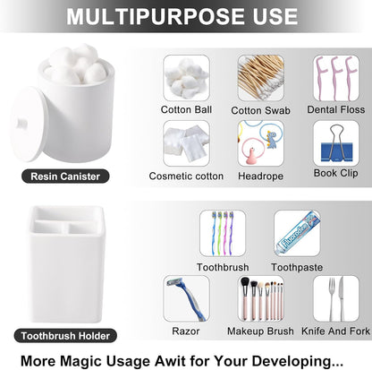 Resin 6 Pcs White Bathroom Set Complete with Toothbrush Holder, Lotion Soap Dispenser, 2 Qtip Holder Dispensers,Vanity Tray,Bathroom Tumbler - Countertop Vanity Organizer - Bathroom Accessories Set