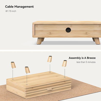 Bamboo Monitor Stand with Drawer - Desk Organizer with Cable Management & Storage, Ergonomic Laptop Riser for Home Office (220lbs Capacity, 15.7 inch ,Natural)