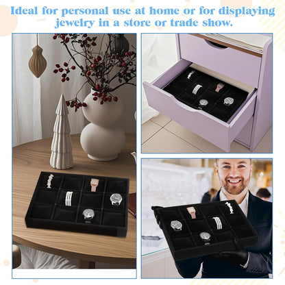 2 PCS Watch Holder Organizer for Men,12 Grid Watches Storage Box with Adjustable Bracelet Pillow, Boxwood Stackable Jewelry Trays, Watch Display for Selling, Women and Men -Black