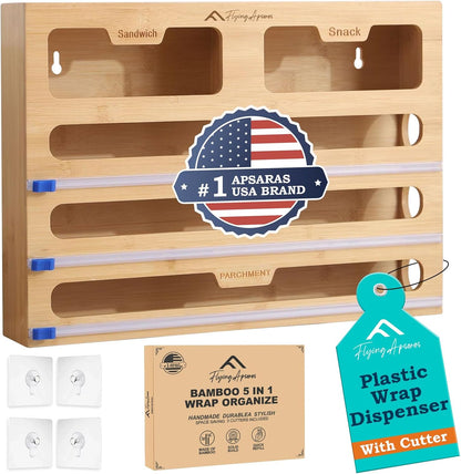 APSARAS USA 5 in 1 Bamboo Foil and Plastic Wrap Organizer for Kitchen Drawer, Ziplock Bag Organizer, Saran Wrap Dispenser with Cutter, Plastic Bag Organizer, Food Storage Bag Organization