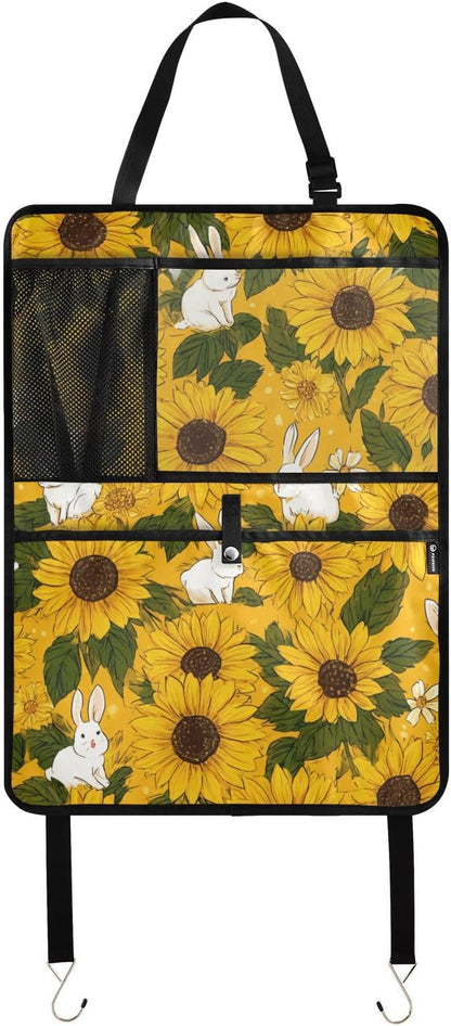 2 Pack Back Seat Car Organizer with Storage Pockets Kick Mats Back Seat Protector Hanging Car Organizer Automotive Seat Back Cover Organizers Autumn Sunflower and Cute Rabbit
