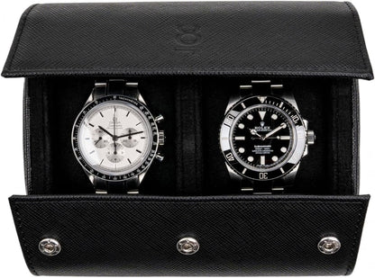 DailyWatch | Watch Roll Travel Case For 2 Watch | Luxury Watch Case In Genuine Saffiano Black Leather With Soft Velvet Interior | Watch Case Protect, Store, & Display Your Watches | All Black