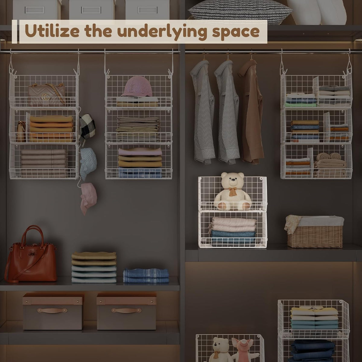 4 Tier Extra Large Hanging Closet Organizer,Closet Organizer Hanging with 5 S Hooks 4 Dividers,Clothes Organizer Clothing Sweaters Clutches Handbags Hats Accessories-White