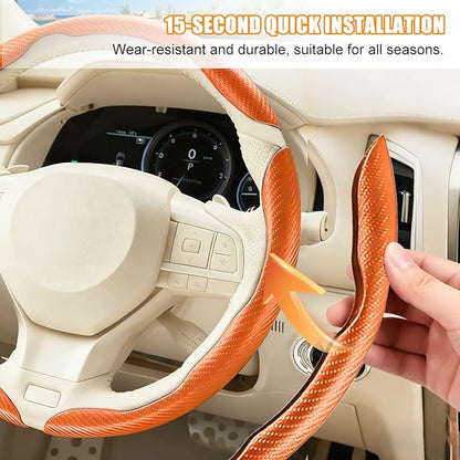 3PCS Carbon Fiber Car Steering Wheel Cover, Leather Segmented Anti-Skid Steering Wheel Protector, Snap on Automotive Interior Protection Accessories, Universal for Vehicles (Orange)