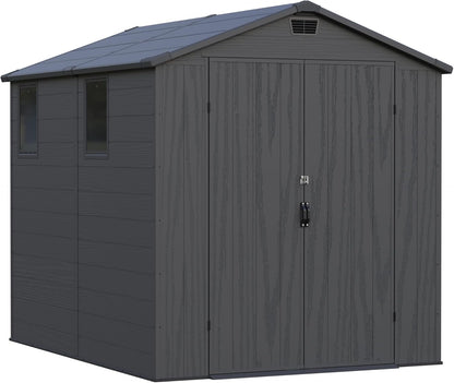 Greesum 6×8FT Plastic Outdoor Storage Shed with Floor, Resin Storaged Sheds with Lockable Double Door, Windows & Vents, All-Weather Tool Sheds for Garden, Backyard, Patio, Dark Gray