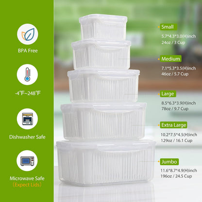 LUXEAR Larger Fruit Vegetable Produce Storage Saver Containers with Lid & Colander 5 Packs BPA-Free Plastic Fresh Keeper Set | Refrigerator Fridge Organizer | for Salad Berry Lettuce Food Celery